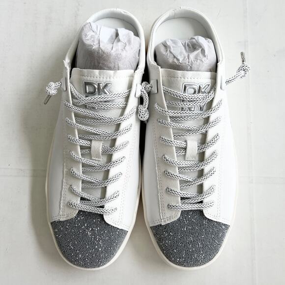 New DKNY Garren Sneaker Slip-On Mule Shoes Women’s SIZE 8.5 White Silver Glitter - Picture 4 of 11